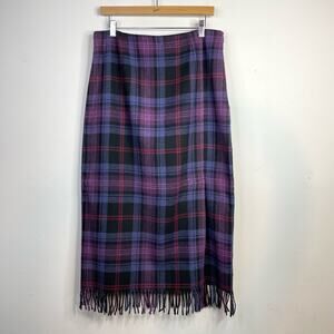 Vintage 90s Wool Blend Purple Plaid Fringe Blanket Long Midi skirt Womens 12